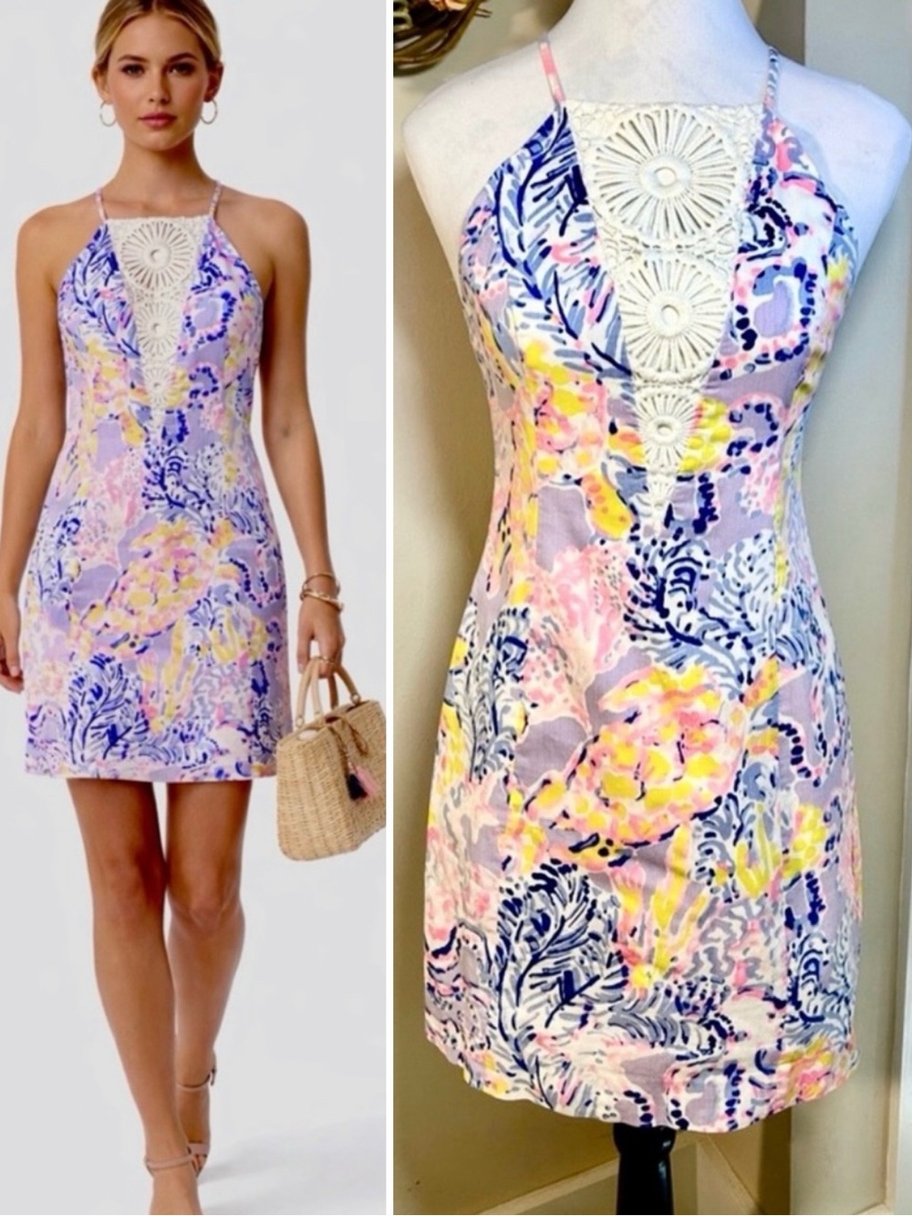 LILLY PULITZER So Snappy Pearl Shift Dress Lilac Verbena Crochet Bodice Sz 0💛